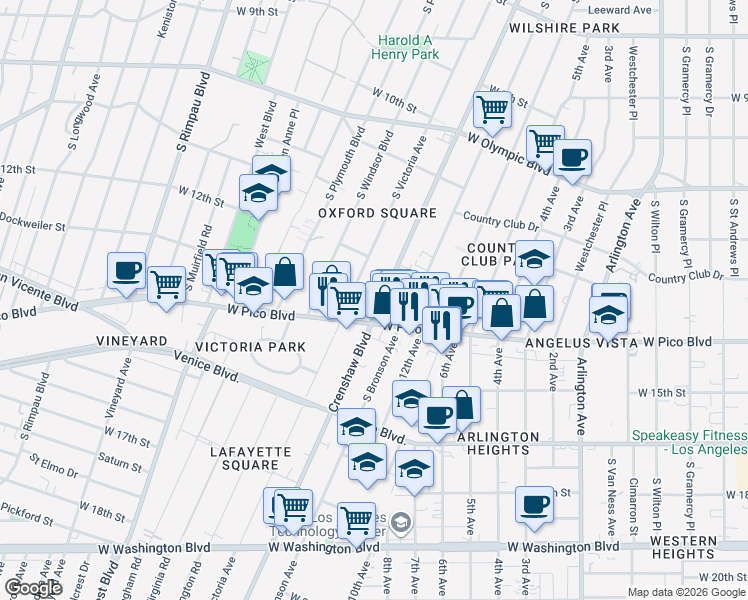 map of restaurants, bars, coffee shops, grocery stores, and more near 1245 Crenshaw Boulevard in Los Angeles