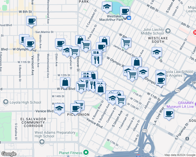 map of restaurants, bars, coffee shops, grocery stores, and more near 2015 West 12th Street in Los Angeles