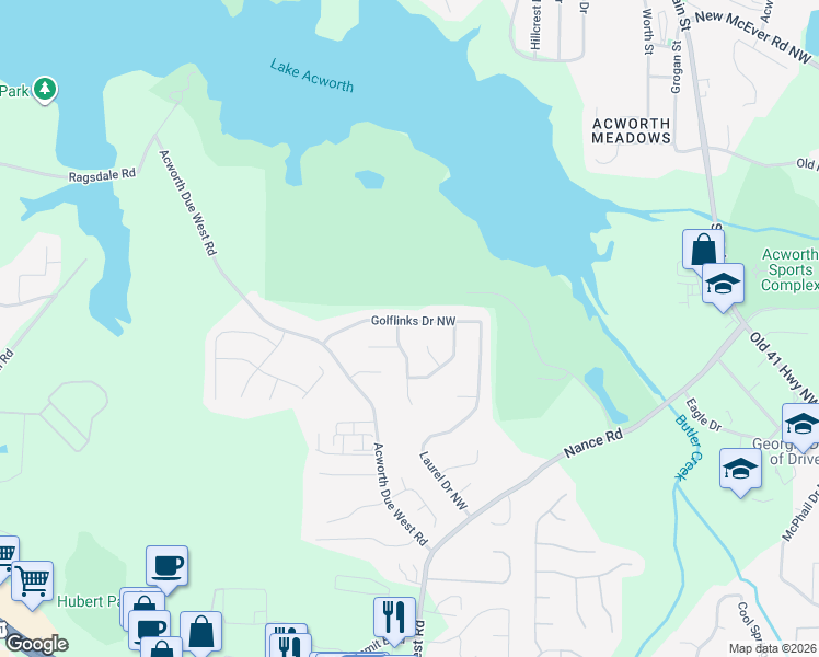 map of restaurants, bars, coffee shops, grocery stores, and more near 3924 Golflinks Drive Northwest in Acworth