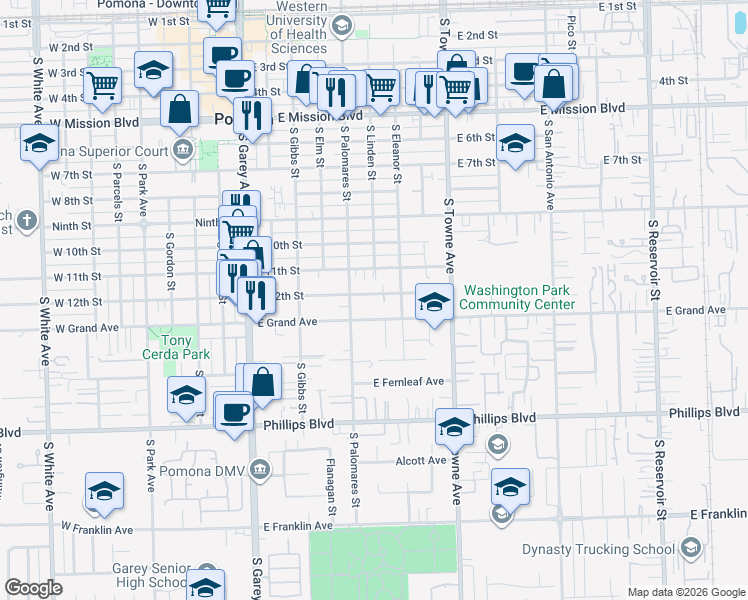 map of restaurants, bars, coffee shops, grocery stores, and more near 580 East 12th Street in Pomona