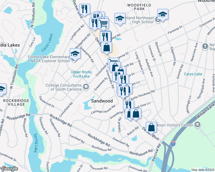 map of restaurants, bars, coffee shops, grocery stores, and more near 3505 Boundbrook Lane in Columbia