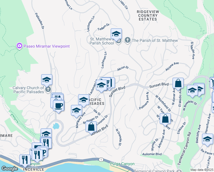 map of restaurants, bars, coffee shops, grocery stores, and more near 16625 Marquez Terrace in Los Angeles
