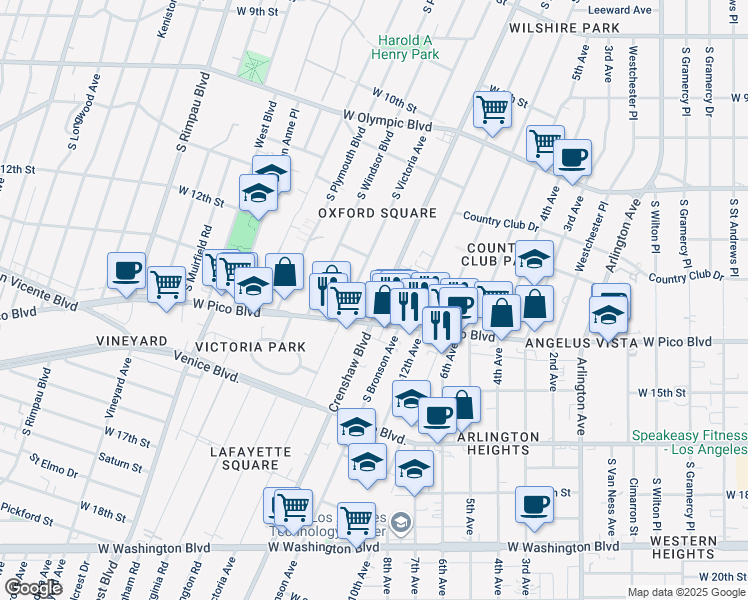 map of restaurants, bars, coffee shops, grocery stores, and more near 1244 Crenshaw Boulevard in Los Angeles