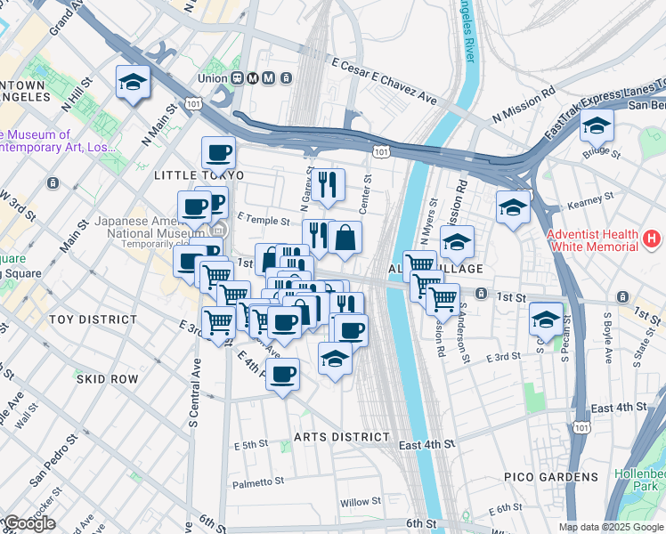 map of restaurants, bars, coffee shops, grocery stores, and more near 915 East 1st Street in Los Angeles