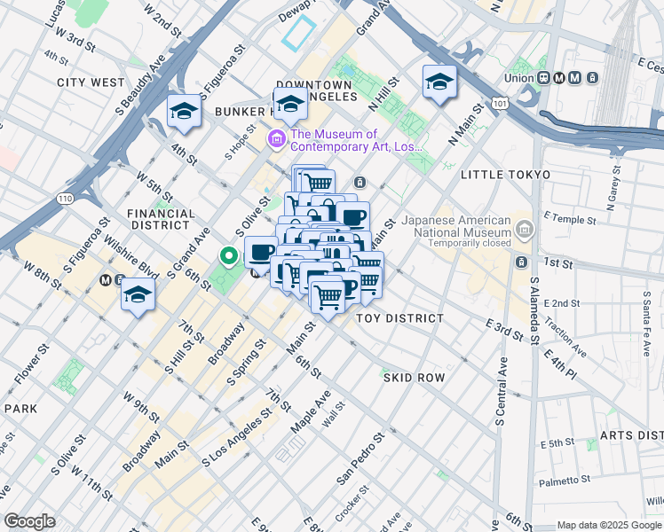 map of restaurants, bars, coffee shops, grocery stores, and more near 120 West 4th Street in Los Angeles