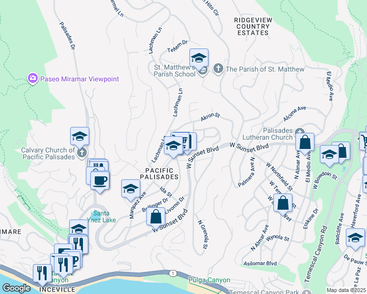 map of restaurants, bars, coffee shops, grocery stores, and more near 16625 Marquez Terrace in Los Angeles