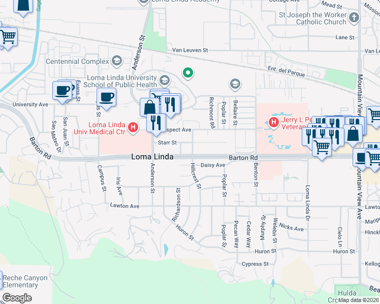 map of restaurants, bars, coffee shops, grocery stores, and more near 25044 Barton Road in Loma Linda