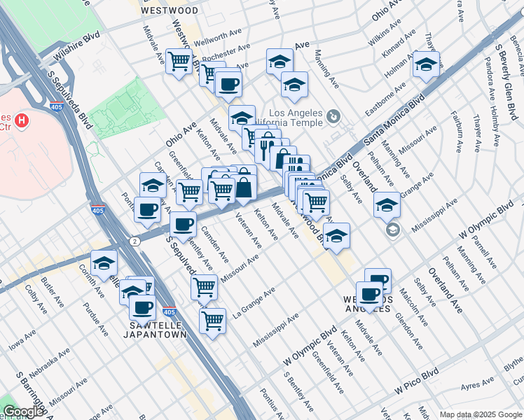 map of restaurants, bars, coffee shops, grocery stores, and more near 1818 Kelton Avenue in Los Angeles