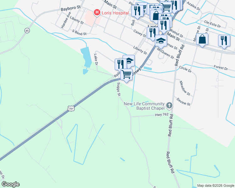 map of restaurants, bars, coffee shops, grocery stores, and more near 180 Sparrow Lane in Loris