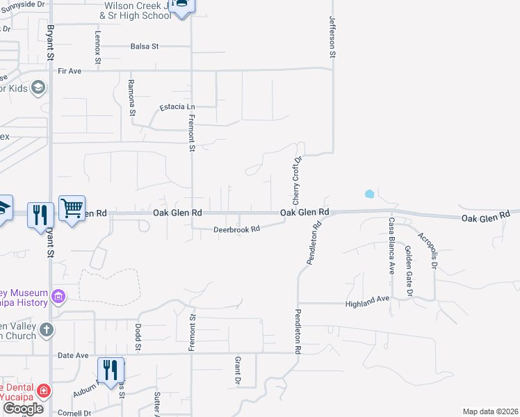 map of restaurants, bars, coffee shops, grocery stores, and more near 35892 Oak Glen Road in Yucaipa