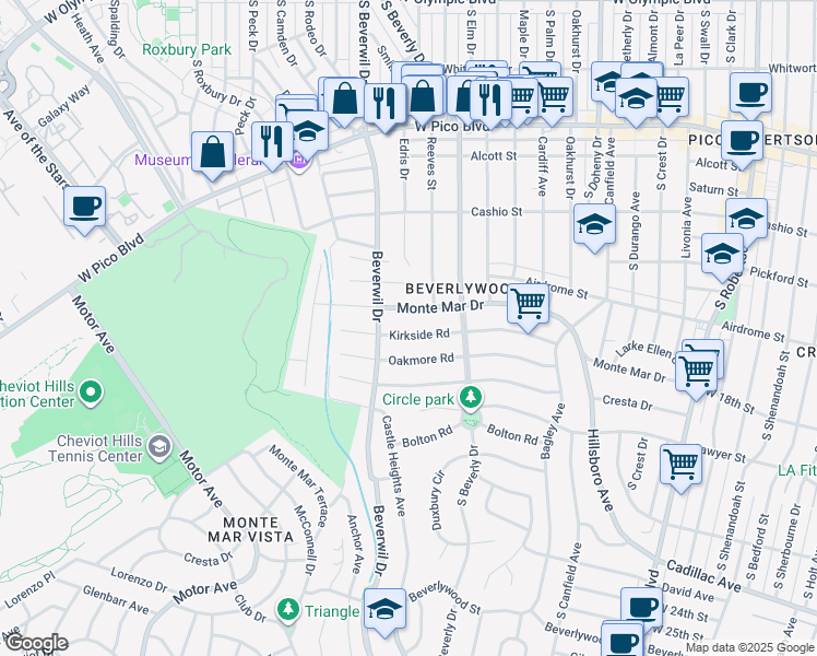 map of restaurants, bars, coffee shops, grocery stores, and more near 9607 Kirkside Road in Los Angeles