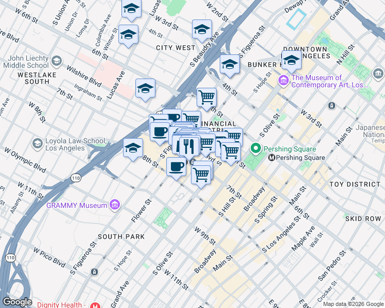 map of restaurants, bars, coffee shops, grocery stores, and more near 727 West 7th Street in Los Angeles
