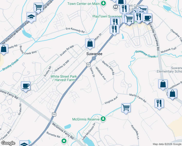 map of restaurants, bars, coffee shops, grocery stores, and more near 3864 Davis Street in Suwanee
