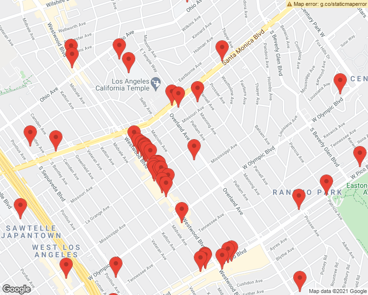 map of restaurants, bars, coffee shops, grocery stores, and more near 1952 Selby Avenue in Los Angeles