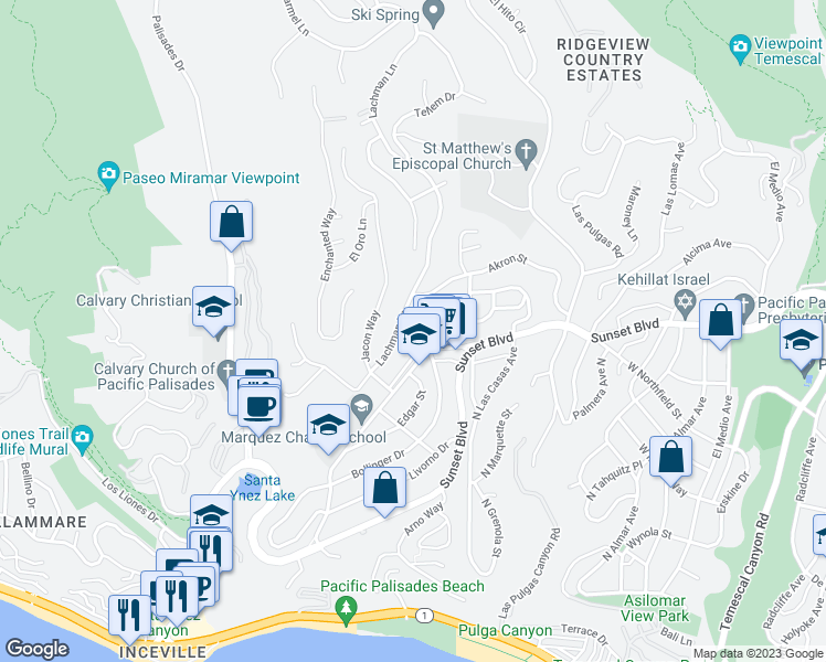 map of restaurants, bars, coffee shops, grocery stores, and more near 16660 Linda Terrace in Los Angeles