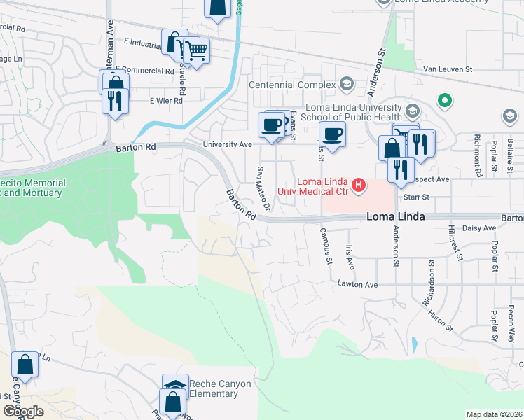 map of restaurants, bars, coffee shops, grocery stores, and more near 11286 San Mateo Drive in Loma Linda