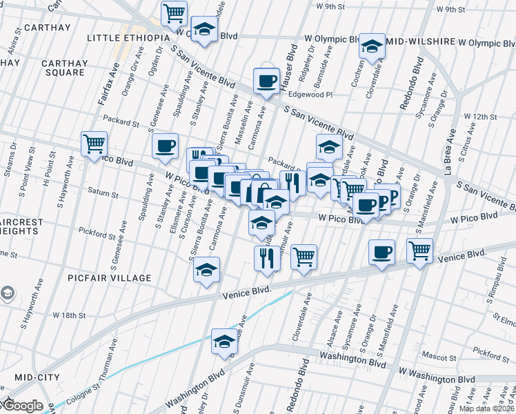 map of restaurants, bars, coffee shops, grocery stores, and more near in Los Angeles