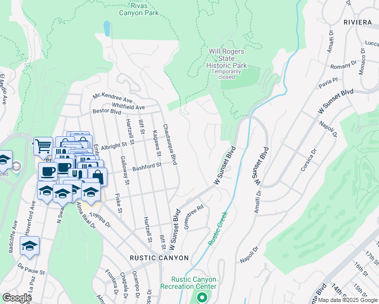 map of restaurants, bars, coffee shops, grocery stores, and more near 921 Rivas Canyon Road in Los Angeles
