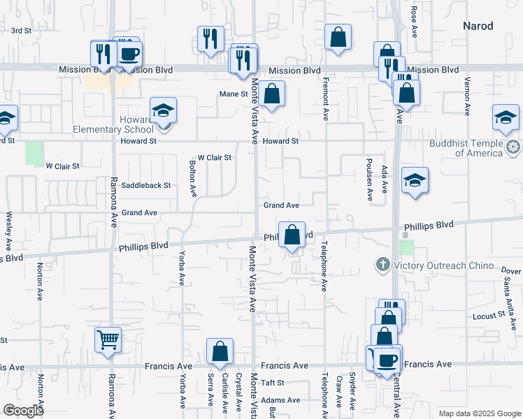 map of restaurants, bars, coffee shops, grocery stores, and more near in San Bernardino County