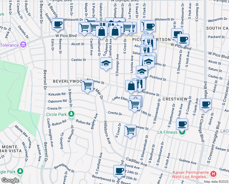 map of restaurants, bars, coffee shops, grocery stores, and more near 1723 South Durango Avenue in Los Angeles