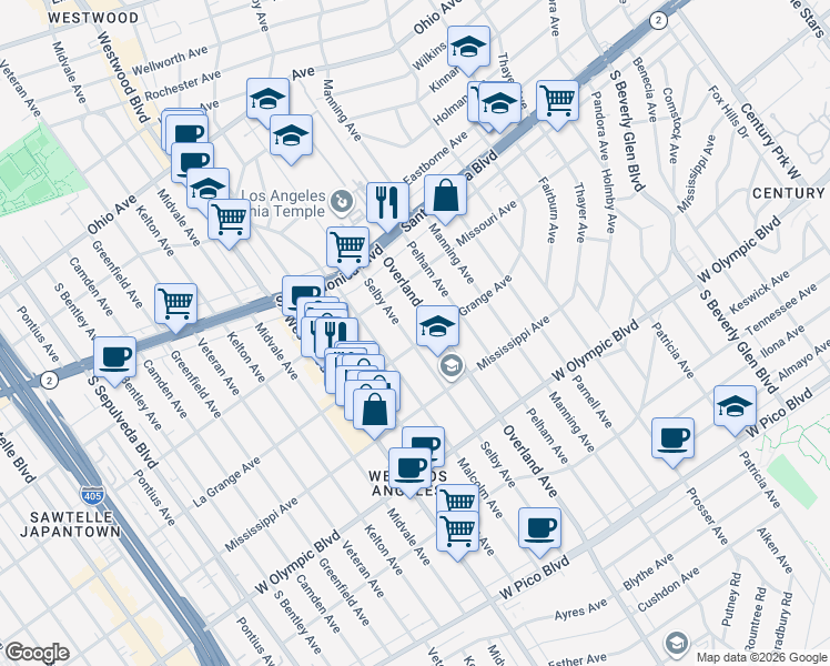 map of restaurants, bars, coffee shops, grocery stores, and more near 10741 La Grange Avenue in Los Angeles