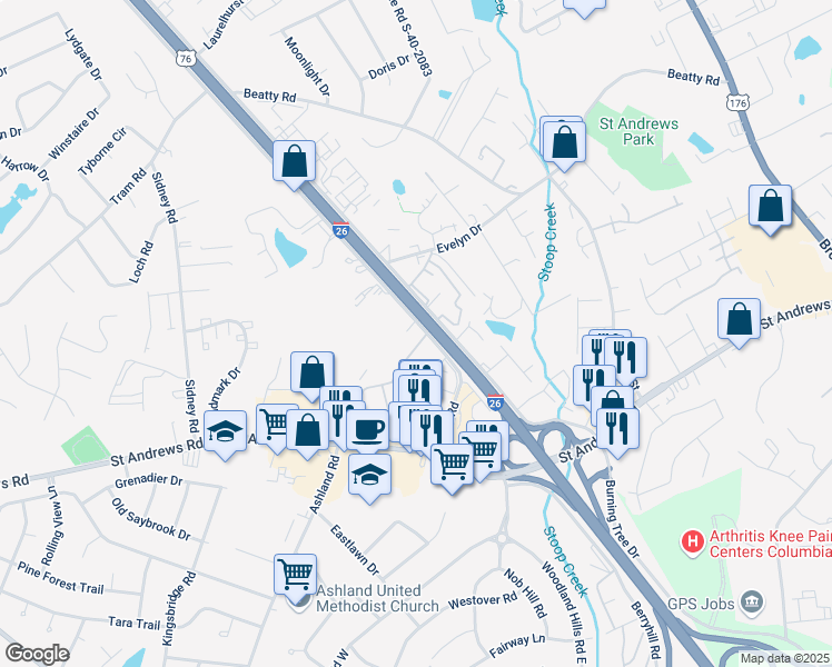map of restaurants, bars, coffee shops, grocery stores, and more near 50 Paisley Lane in Columbia