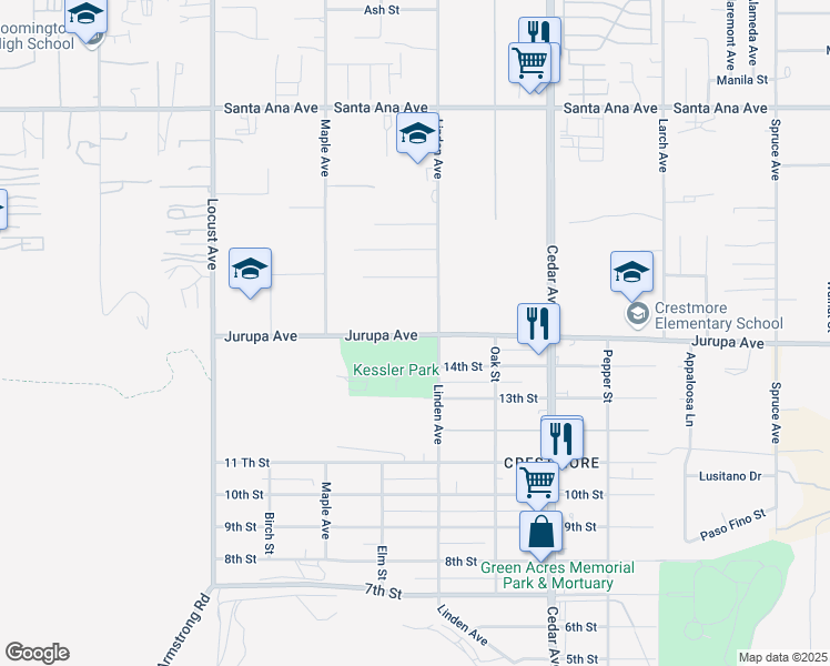 map of restaurants, bars, coffee shops, grocery stores, and more near 18400 Jurupa Avenue in Bloomington