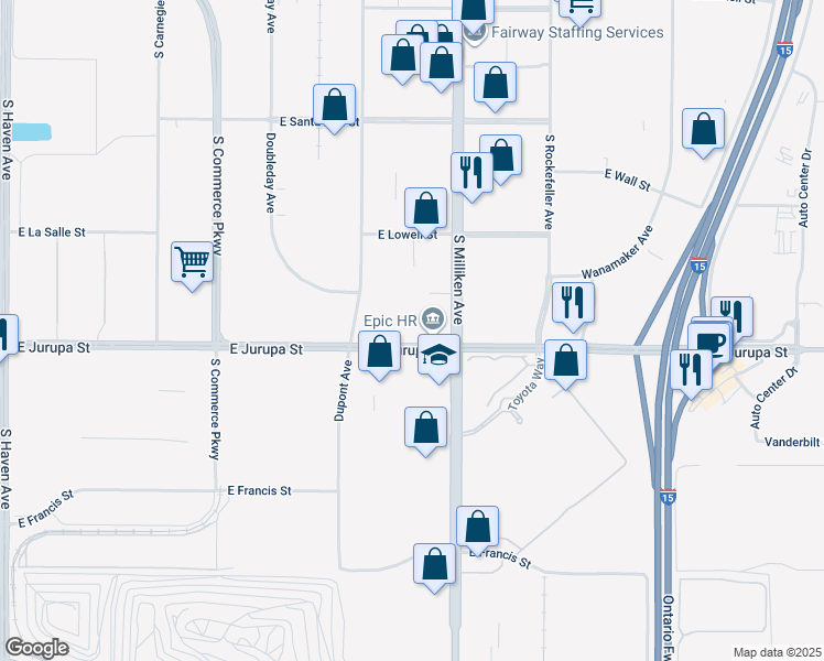 map of restaurants, bars, coffee shops, grocery stores, and more near 4295A East Jurupa Street in Ontario
