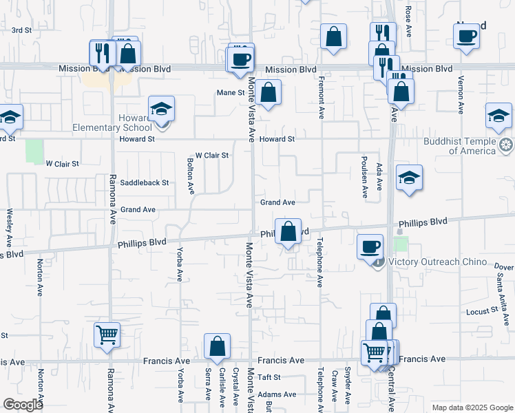 map of restaurants, bars, coffee shops, grocery stores, and more near in San Bernardino County