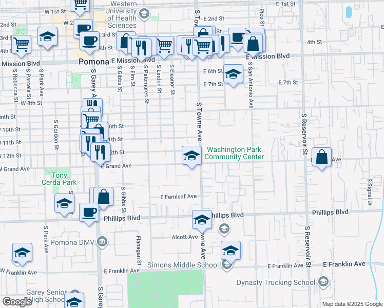 map of restaurants, bars, coffee shops, grocery stores, and more near 736 East 12th Street in Pomona