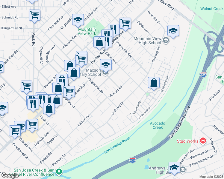 map of restaurants, bars, coffee shops, grocery stores, and more near 2419 Burkett Road in El Monte