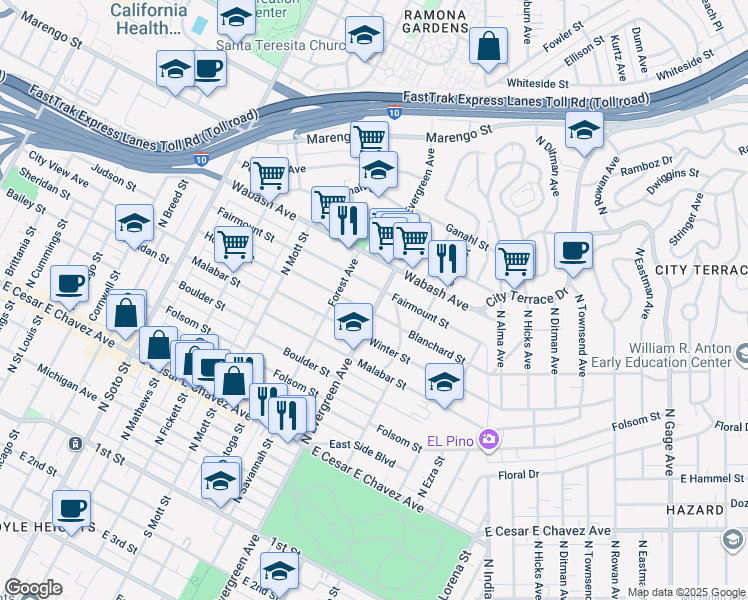 map of restaurants, bars, coffee shops, grocery stores, and more near 910 North Evergreen Avenue in Los Angeles