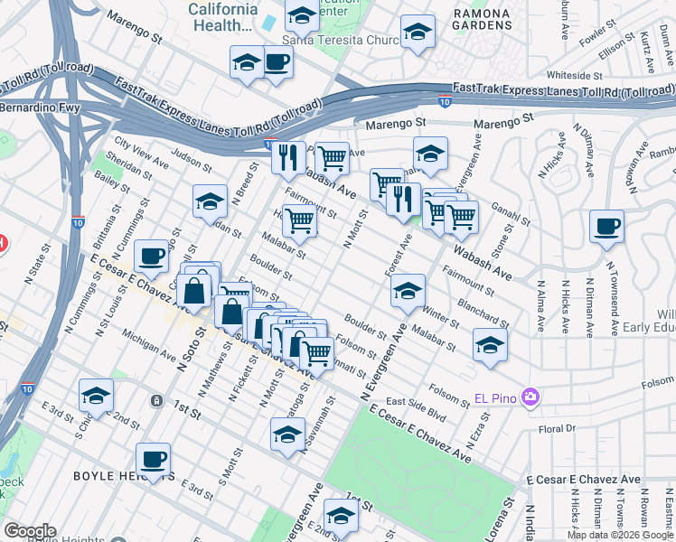 map of restaurants, bars, coffee shops, grocery stores, and more near 2707 Malabar Street in Los Angeles