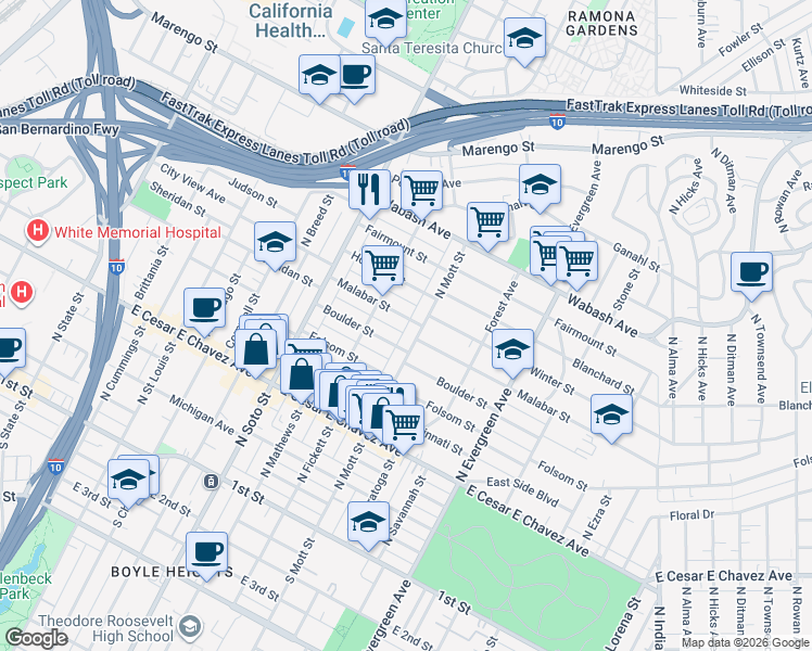 map of restaurants, bars, coffee shops, grocery stores, and more near 2533 Boulder Street in Los Angeles