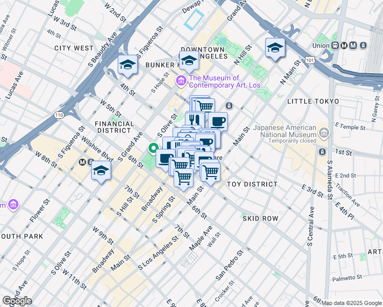 map of restaurants, bars, coffee shops, grocery stores, and more near 433 South Spring Street in Los Angeles