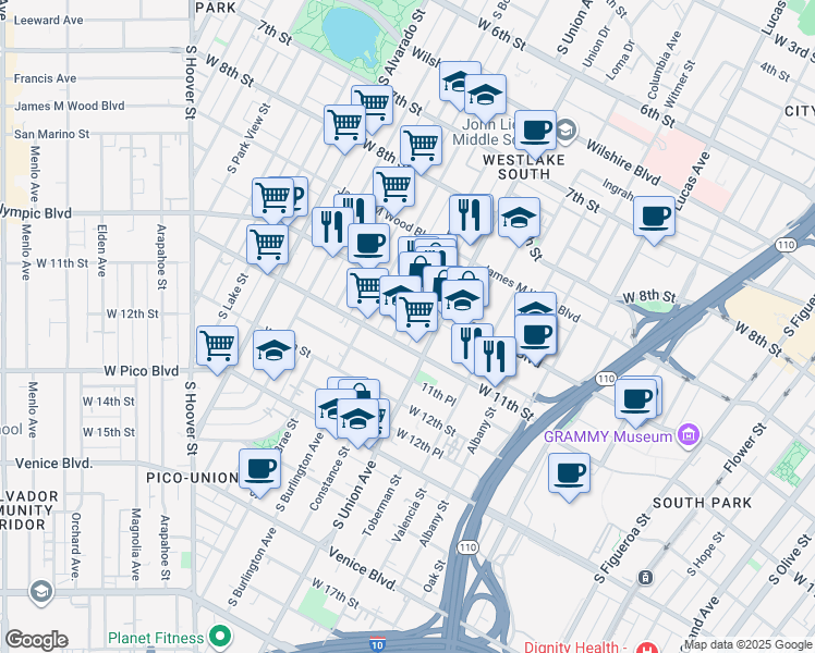map of restaurants, bars, coffee shops, grocery stores, and more near 1029 South Union Avenue in Los Angeles