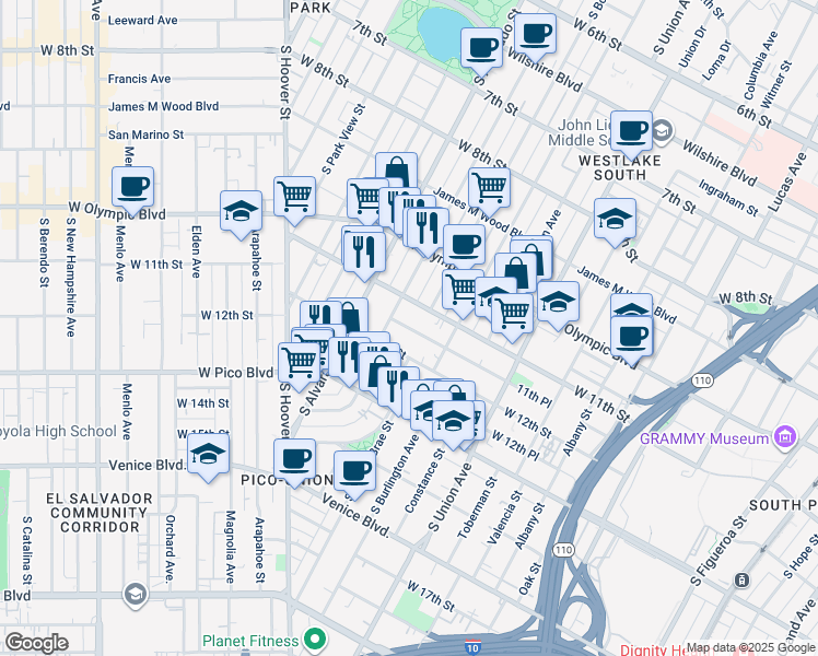 map of restaurants, bars, coffee shops, grocery stores, and more near 1842 West 11th Place in Los Angeles