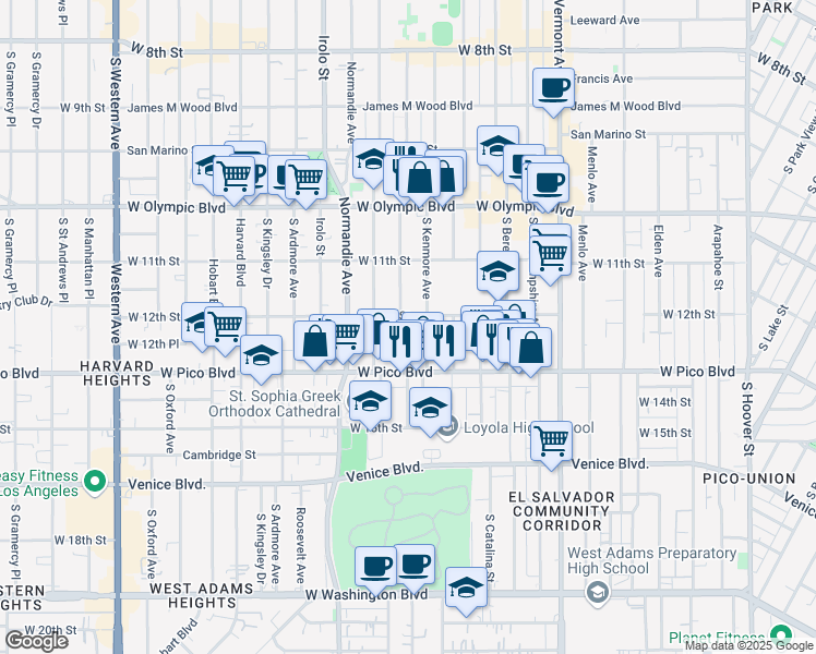 map of restaurants, bars, coffee shops, grocery stores, and more near 1220 Fedora Street in Los Angeles