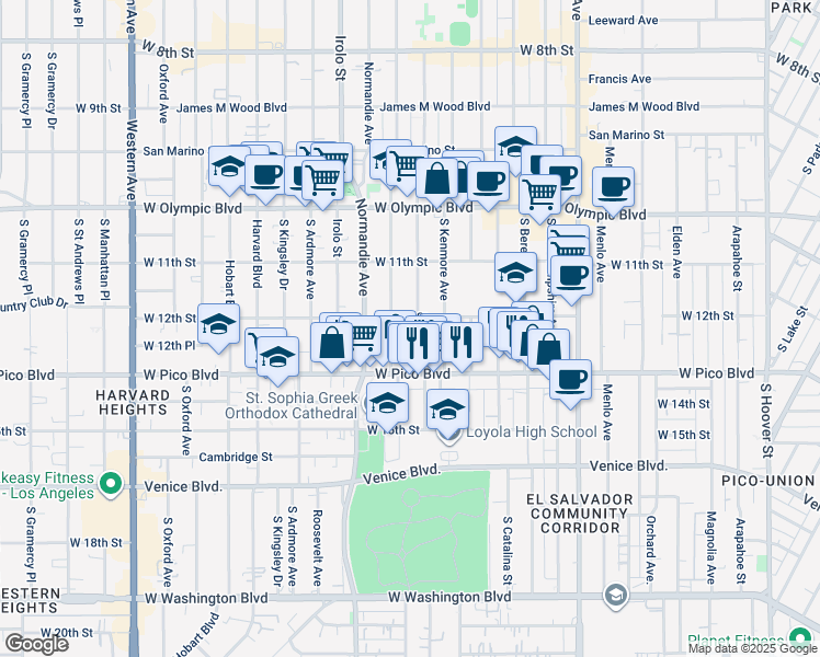 map of restaurants, bars, coffee shops, grocery stores, and more near 1220 Fedora Street in Los Angeles