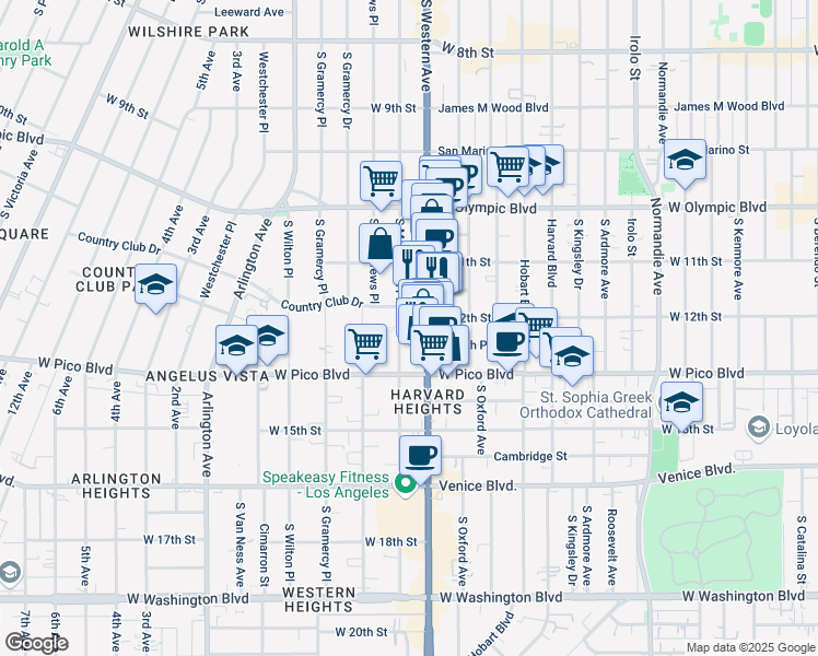 map of restaurants, bars, coffee shops, grocery stores, and more near 1233 South Western Avenue in Los Angeles