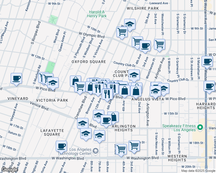 map of restaurants, bars, coffee shops, grocery stores, and more near 1224 South Norton Avenue in Los Angeles