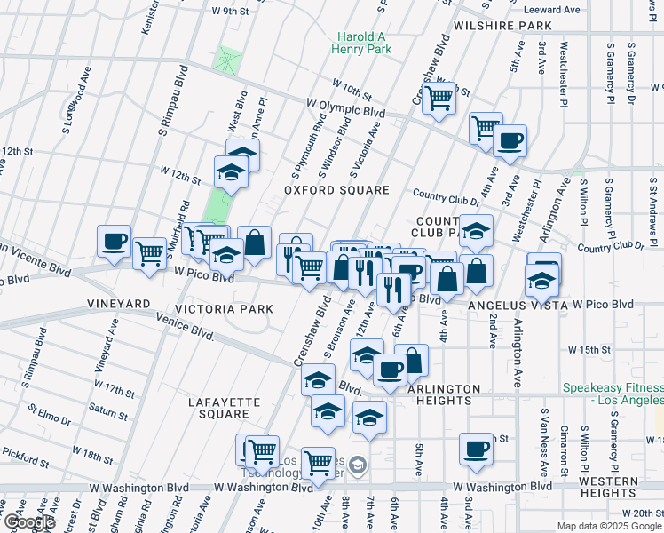 map of restaurants, bars, coffee shops, grocery stores, and more near 1244 Crenshaw Boulevard in Los Angeles