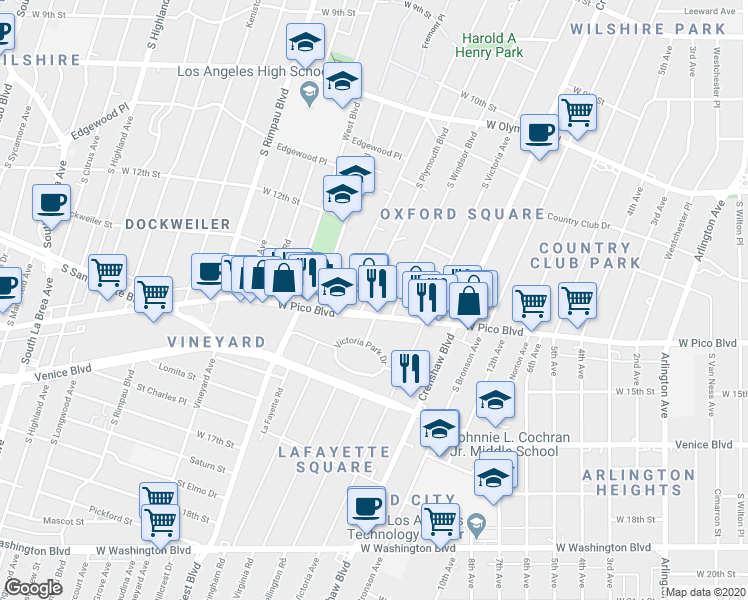 map of restaurants, bars, coffee shops, grocery stores, and more near 1292 South Plymouth Boulevard in Los Angeles