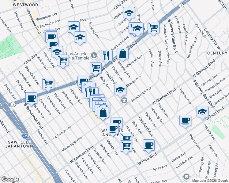 map of restaurants, bars, coffee shops, grocery stores, and more near 10741 La Grange Avenue in Los Angeles