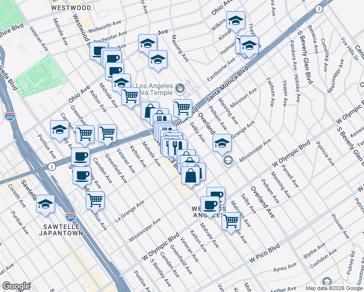 map of restaurants, bars, coffee shops, grocery stores, and more near 1912 Glendon Avenue in Los Angeles