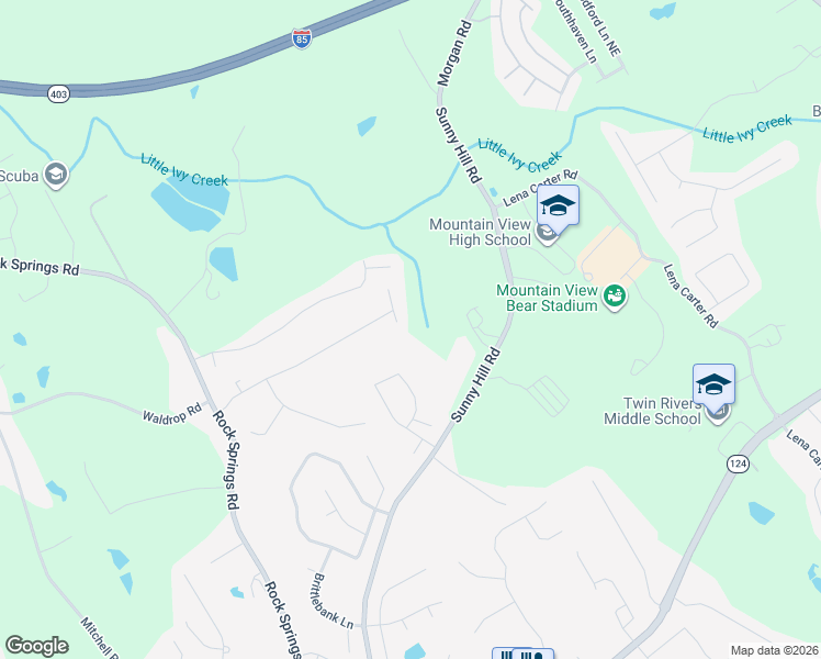 map of restaurants, bars, coffee shops, grocery stores, and more near 2345 Rocky Waters Trail in Buford