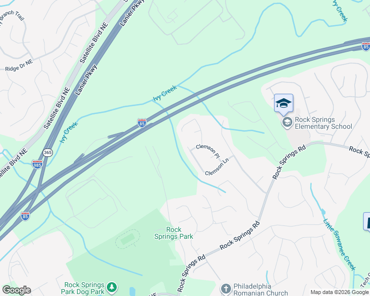 map of restaurants, bars, coffee shops, grocery stores, and more near 645 Clemson Lane in Lawrenceville