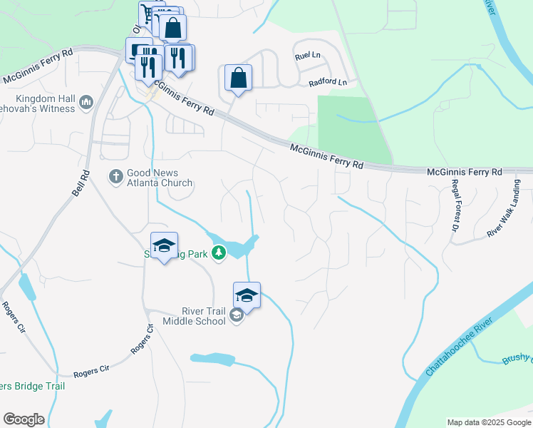 map of restaurants, bars, coffee shops, grocery stores, and more near 780 Potters Bar Lane in Suwanee