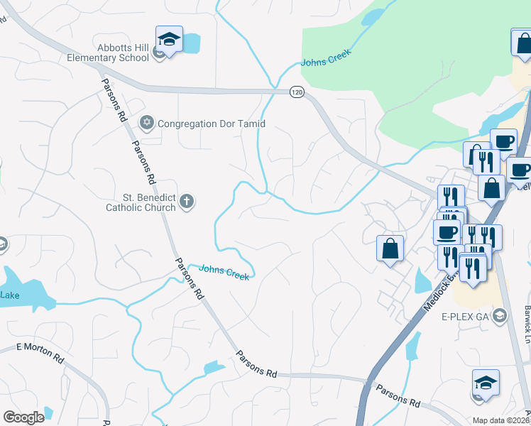 map of restaurants, bars, coffee shops, grocery stores, and more near 5810 Bailey Ridge Court in Duluth