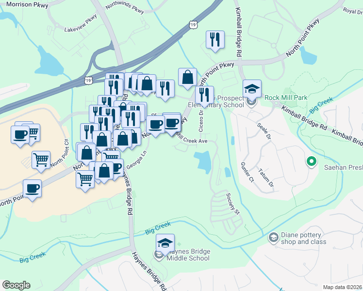 map of restaurants, bars, coffee shops, grocery stores, and more near 2556 Wander Trail in Alpharetta